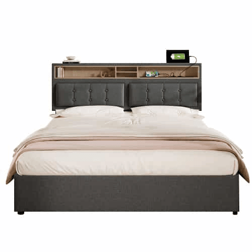 Cama de adulto estofada com 4 gavetas e porta de carregamento USB - 140x200cm - Tecido de linho - Cinzento