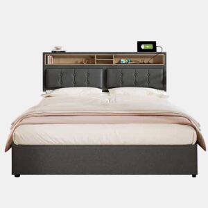 Cama de adulto estofada com 4 gavetas e porta de carregamento USB - 140x200cm - Tecido de linho - Cinzento