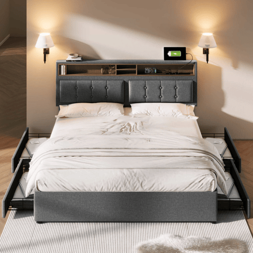 Cama de adulto estofada com 4 gavetas e porta de carregamento USB - 140x200cm - Tecido de linho - Cinzento