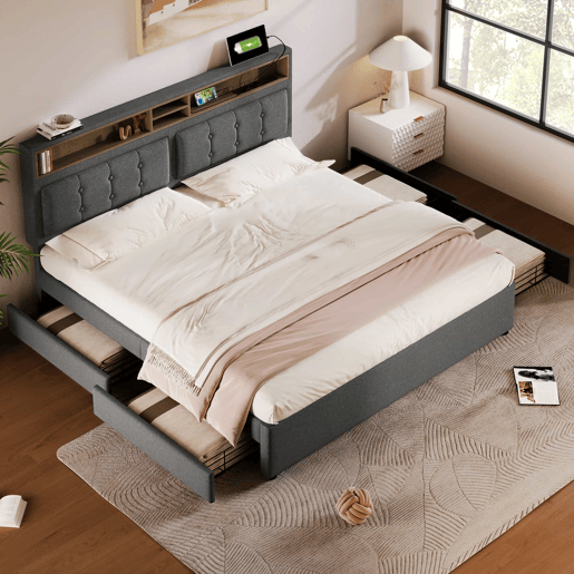 Cama de adulto estofada com 4 gavetas e porta de carregamento USB - 140x200cm - Tecido de linho - Cinzento