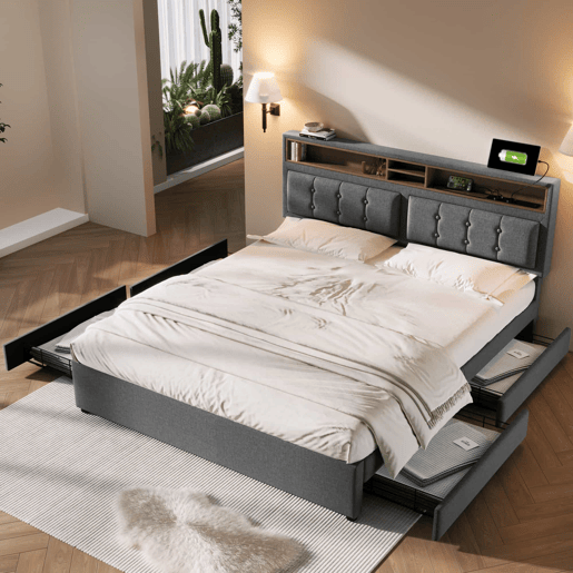 Cama de adulto estofada com 4 gavetas e porta de carregamento USB - 140x200cm - Tecido de linho - Cinzento