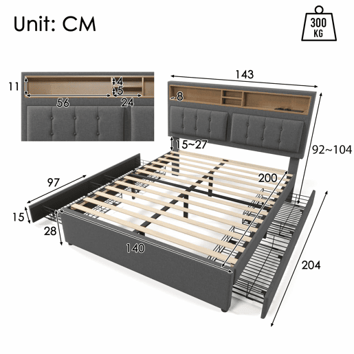 Cama de adulto estofada com 4 gavetas e porta de carregamento USB - 140x200cm - Tecido de linho - Cinzento