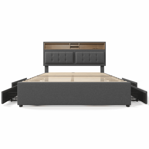 Cama de adulto estofada com 4 gavetas e porta de carregamento USB - 140x200cm - Tecido de linho - Cinzento
