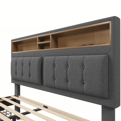 Cama de adulto estofada com 4 gavetas e porta de carregamento USB - 140x200cm - Tecido de linho - Cinzento