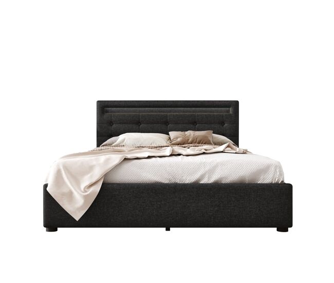 Cama contenedor de lino con led 140x200 cm + 2 cajones + somier - negro