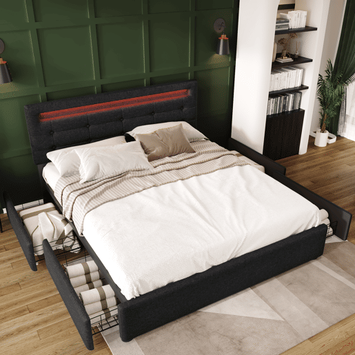 Cama contentora para roupa de cama com LED 140x200 cm + 2 gavetas + estrado - Preto
