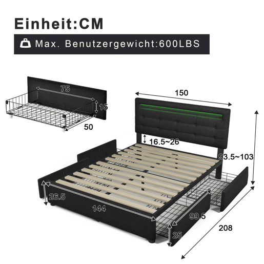 Cama contentora para roupa de cama com LED 140x200 cm + 2 gavetas + estrado - Preto