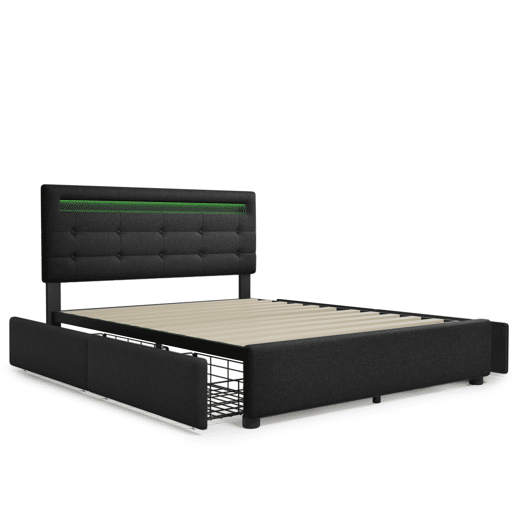 Cama contentora para roupa de cama com LED 140x200 cm + 2 gavetas + estrado - Preto