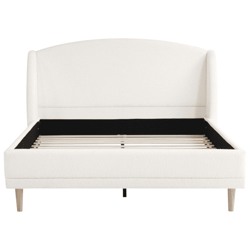 Cama estofada 140x190 - tecido bouclé, cabeceira com abas, design curvo - branco Cama estofada 140x190 - tecido bouclé, cabeceira com abas, design curvo - branco
