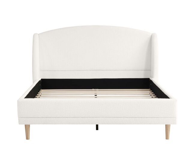 Cama tapizada 140x190 - tejido bouclé, cabecero con alas, diseño curvo - blanco