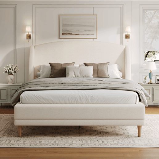Cama estofada 140x190 - tecido bouclé, cabeceira com abas, design curvo - branco Cama estofada 140x190 - tecido bouclé, cabeceira com abas, design curvo - branco