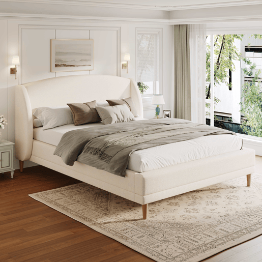 Cama estofada 140x190 - tecido bouclé, cabeceira com abas, design curvo - branco Cama estofada 140x190 - tecido bouclé, cabeceira com abas, design curvo - branco