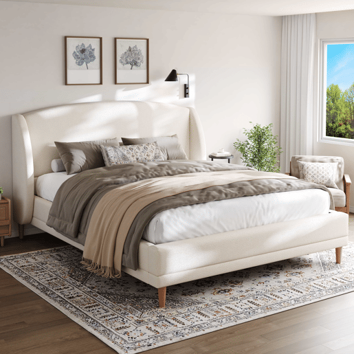 Cama estofada 140x190 - tecido bouclé, cabeceira com abas, design curvo - branco Cama estofada 140x190 - tecido bouclé, cabeceira com abas, design curvo - branco