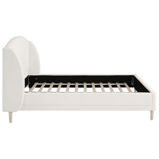 Cama estofada 140x190 - tecido bouclé, cabeceira com abas, design curvo - branco Cama estofada 140x190 - tecido bouclé, cabeceira com abas, design curvo - branco