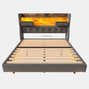 Cama Polsterbett 160x200 cm - Com LED, cabeceira com carregamento USB, arrumação - Cinza
