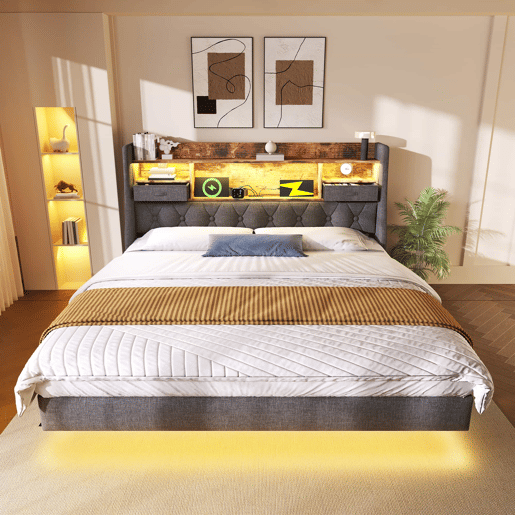 Cama Polsterbett 160x200 cm - Com LED, cabeceira com carregamento USB, arrumação - Cinza Cama Polsterbett 160x200 cm - Com LED, cabeceira com carregamento USB, arrumação - Cinza