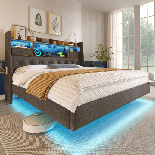 Cama Polsterbett 160x200 cm - Com LED, cabeceira com carregamento USB, arrumação - Cinza Cama Polsterbett 160x200 cm - Com LED, cabeceira com carregamento USB, arrumação - Cinza