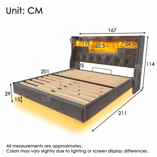 Cama Polsterbett 160x200 cm - Com LED, cabeceira com carregamento USB, arrumação - Cinza Cama Polsterbett 160x200 cm - Com LED, cabeceira com carregamento USB, arrumação - Cinza