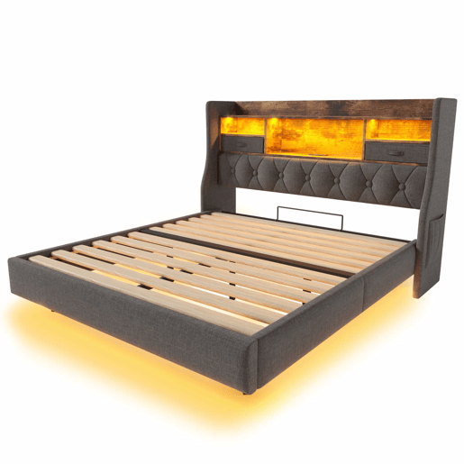 Cama Polsterbett 160x200 cm - Com LED, cabeceira com carregamento USB, arrumação - Cinza Cama Polsterbett 160x200 cm - Com LED, cabeceira com carregamento USB, arrumação - Cinza