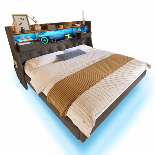 Cama Polsterbett 160x200 cm - Com LED, cabeceira com carregamento USB, arrumação - Cinza Cama Polsterbett 160x200 cm - Com LED, cabeceira com carregamento USB, arrumação - Cinza
