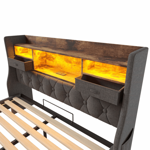 Cama Polsterbett 160x200 cm - Com LED, cabeceira com carregamento USB, arrumação - Cinza Cama Polsterbett 160x200 cm - Com LED, cabeceira com carregamento USB, arrumação - Cinza