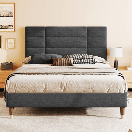 Cama de casal 140x200cm - cama estofada em linho com estrado e cabeceira - Cinzento Cama de casal 140x200cm - cama estofada em linho com estrado e cabeceira - Cinzento