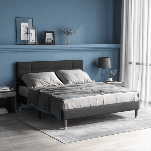 Cama de casal 140x200cm - cama estofada em linho com estrado e cabeceira - Cinzento Cama de casal 140x200cm - cama estofada em linho com estrado e cabeceira - Cinzento