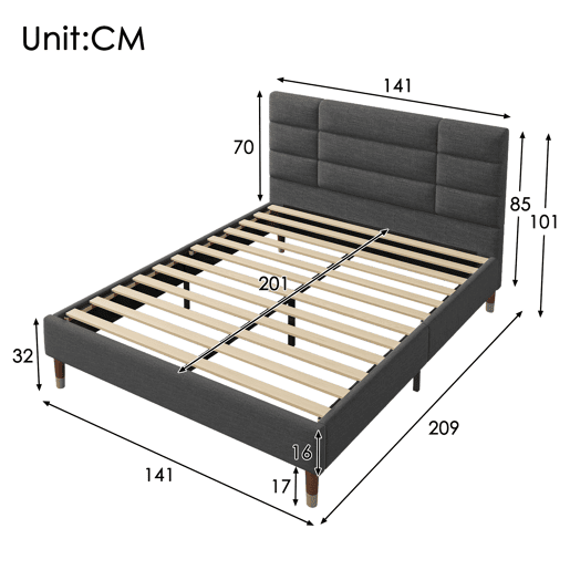 Cama de casal 140x200cm - cama estofada em linho com estrado e cabeceira - Cinzento Cama de casal 140x200cm - cama estofada em linho com estrado e cabeceira - Cinzento