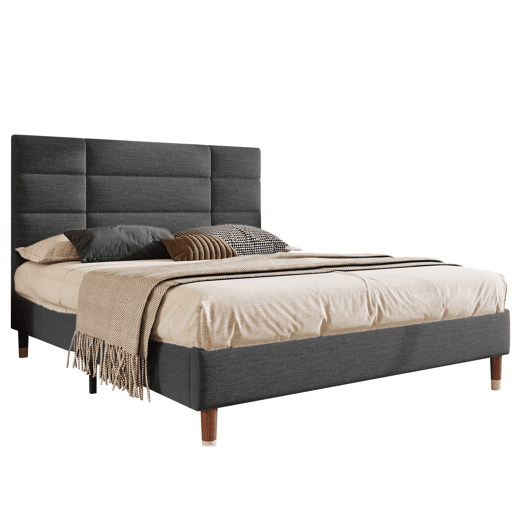 Cama de casal 140x200cm - cama estofada em linho com estrado e cabeceira - Cinzento Cama de casal 140x200cm - cama estofada em linho com estrado e cabeceira - Cinzento