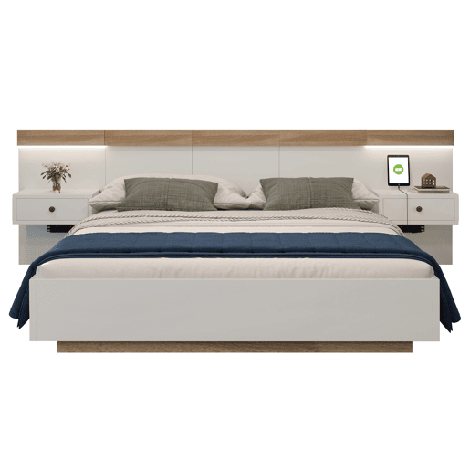 Cama para adultos 180x200 cm com mesas de cabeceira suspensas + portas LED e USB + estrado - madeira - branco Cama para adultos 180x200 cm com mesas de cabeceira suspensas + portas LED e USB + estrado - madeira - branco