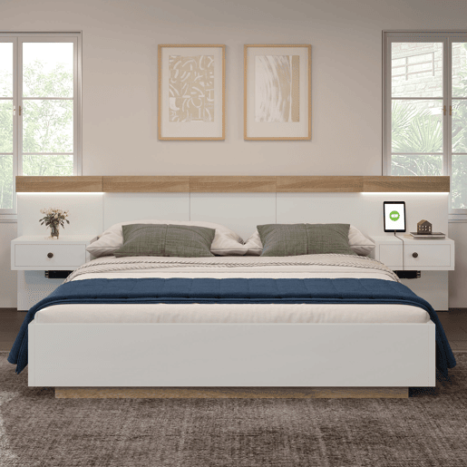 Cama para adultos 180x200 cm com mesas de cabeceira suspensas + portas LED e USB + estrado - madeira - branco Cama para adultos 180x200 cm com mesas de cabeceira suspensas + portas LED e USB + estrado - madeira - branco