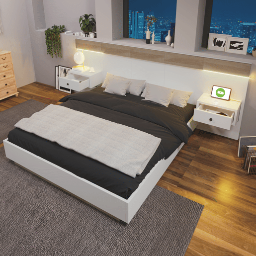 Cama para adultos 180x200 cm com mesas de cabeceira suspensas + portas LED e USB + estrado - madeira - branco Cama para adultos 180x200 cm com mesas de cabeceira suspensas + portas LED e USB + estrado - madeira - branco