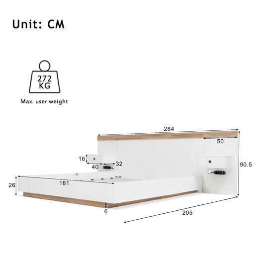 Cama para adultos 180x200 cm com mesas de cabeceira suspensas + portas LED e USB + estrado - madeira - branco Cama para adultos 180x200 cm com mesas de cabeceira suspensas + portas LED e USB + estrado - madeira - branco