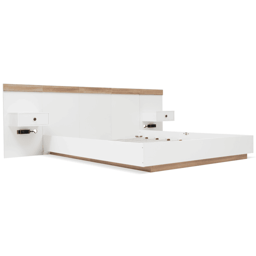Cama para adultos 180x200 cm com mesas de cabeceira suspensas + portas LED e USB + estrado - madeira - branco Cama para adultos 180x200 cm com mesas de cabeceira suspensas + portas LED e USB + estrado - madeira - branco