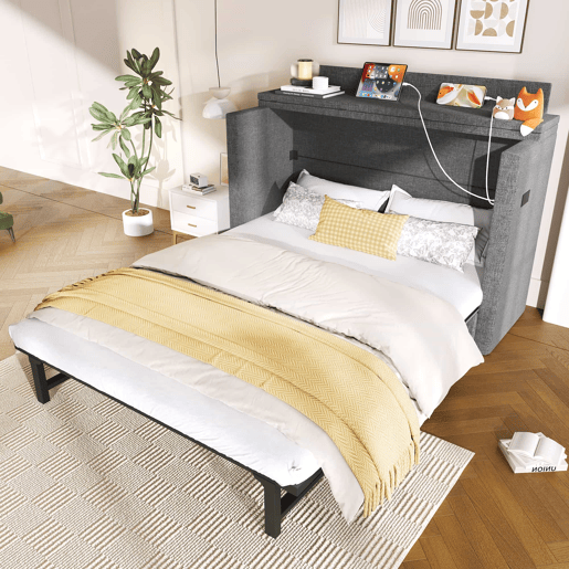 Cama armário 140x200 cm - Com gaveta, com ligações USB e tipo C, cinzento