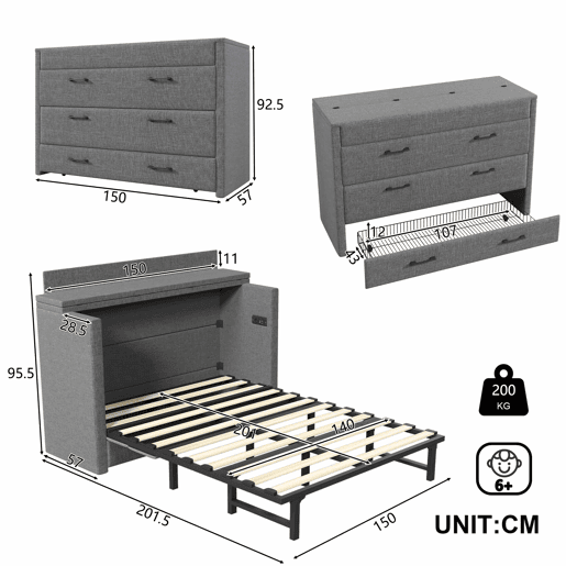 Cama armário 140x200 cm - Com gaveta, com ligações USB e tipo C, cinzento