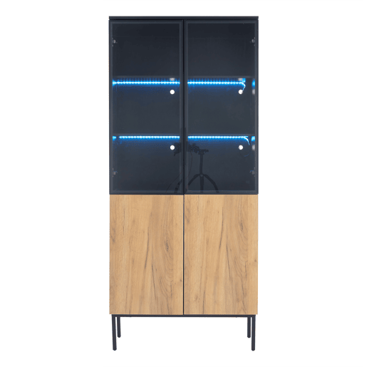 Vitrine com portas de vidro 180 cm - Estante de 5 níveis com luzes LED, para colecionáveis, escritório - PretoCarvalho