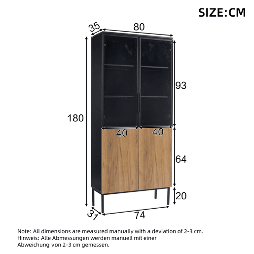 Vitrine com portas de vidro 180 cm - Estante de 5 níveis com luzes LED, para colecionáveis, escritório - PretoCarvalho