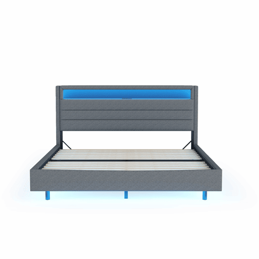 Cama estofada 140x200 cm - Com tomada USB e luz LED, cabeceira reversível, pé oculto, cama de casal, cama juvenil, cama para adultos - Cinza Cama estofada 140x200 cm - Com tomada USB e luz LED, cabeceira reversível, pé oculto, cama de casal, cama juvenil, cama para adultos - Cinza