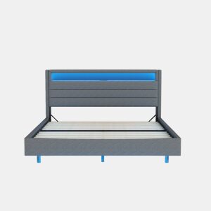 Cama estofada 140x200 cm - Com tomada USB e luz LED, cabeceira reversível, pé oculto, cama de casal, cama juvenil, cama para adultos - Cinza
