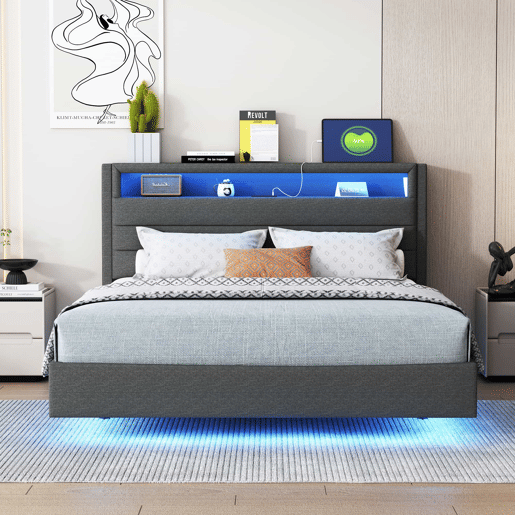 Cama estofada 140x200 cm - Com tomada USB e luz LED, cabeceira reversível, pé oculto, cama de casal, cama juvenil, cama para adultos - Cinza Cama estofada 140x200 cm - Com tomada USB e luz LED, cabeceira reversível, pé oculto, cama de casal, cama juvenil, cama para adultos - Cinza