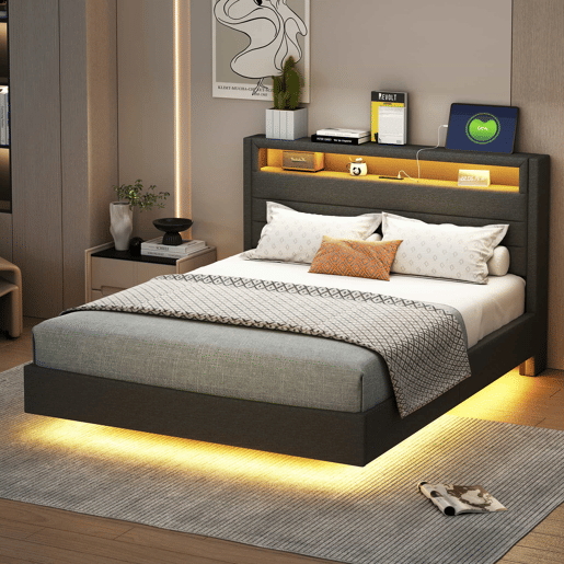 Cama estofada 140x200 cm - Com tomada USB e luz LED, cabeceira reversível, pé oculto, cama de casal, cama juvenil, cama para adultos - Cinza Cama estofada 140x200 cm - Com tomada USB e luz LED, cabeceira reversível, pé oculto, cama de casal, cama juvenil, cama para adultos - Cinza