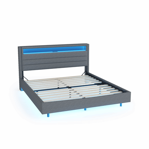 Cama estofada 140x200 cm - Com tomada USB e luz LED, cabeceira reversível, pé oculto, cama de casal, cama juvenil, cama para adultos - Cinza Cama estofada 140x200 cm - Com tomada USB e luz LED, cabeceira reversível, pé oculto, cama de casal, cama juvenil, cama para adultos - Cinza