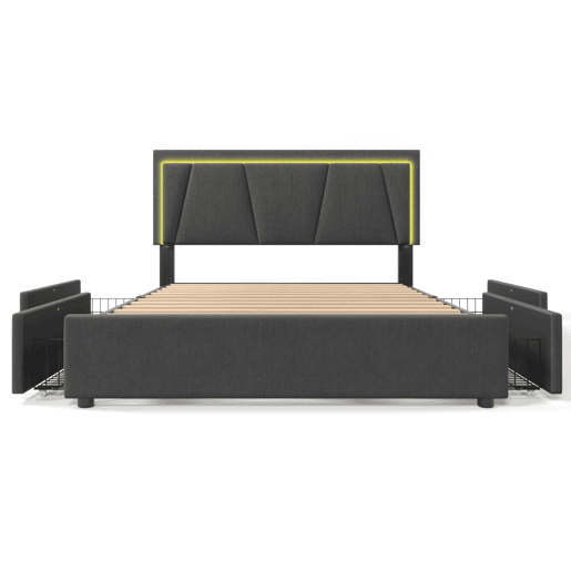 Cama estofada 140x200cm em linho - com 2 gavetas + LED + estrado - Cinzento