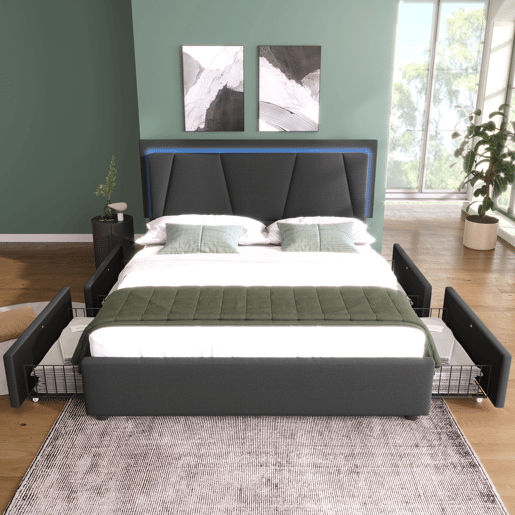 Cama estofada 140x200cm em linho - com 2 gavetas + LED + estrado - Cinzento