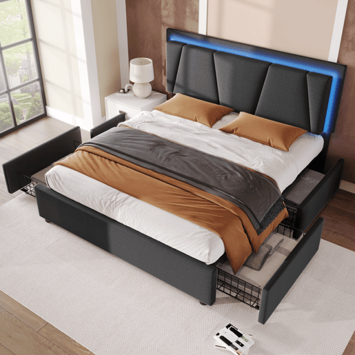 Cama estofada 140x200cm em linho - com 2 gavetas + LED + estrado - Cinzento