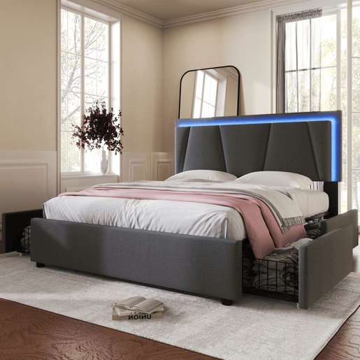 Cama estofada 140x200cm em linho - com 2 gavetas + LED + estrado - Cinzento