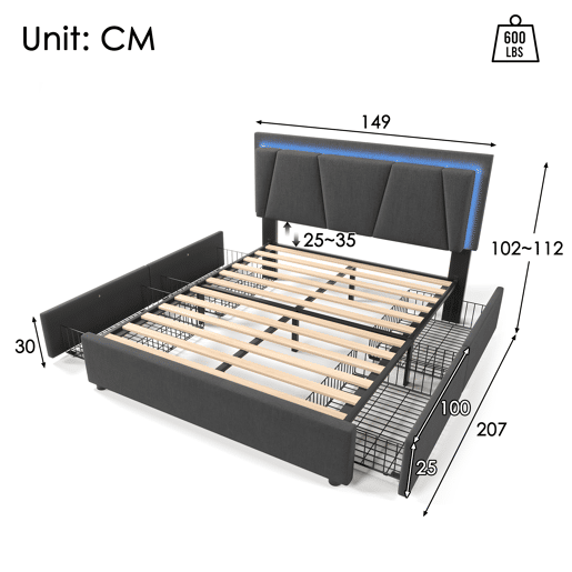 Cama estofada 140x200cm em linho - com 2 gavetas + LED + estrado - Cinzento