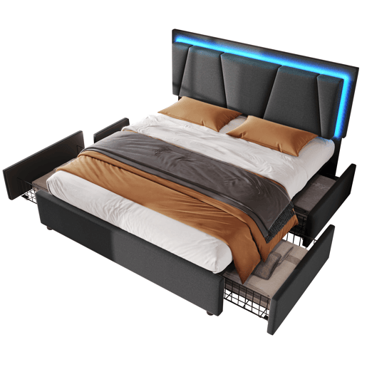 Cama estofada 140x200cm em linho - com 2 gavetas + LED + estrado - Cinzento