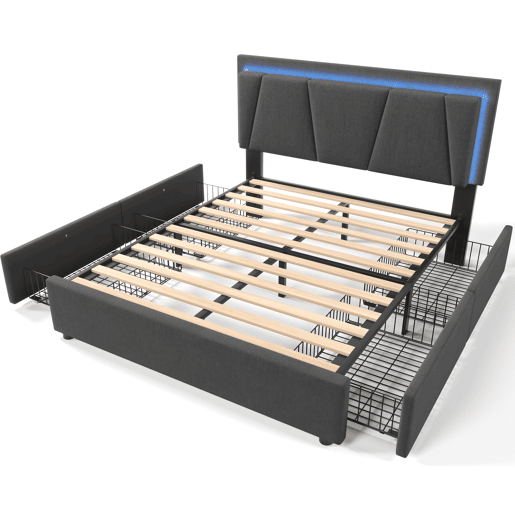 Cama estofada 140x200cm em linho - com 2 gavetas + LED + estrado - Cinzento